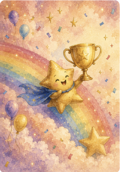 Watercolour illustration of Cosmo the smiling star surrounded by gentle sparkles
