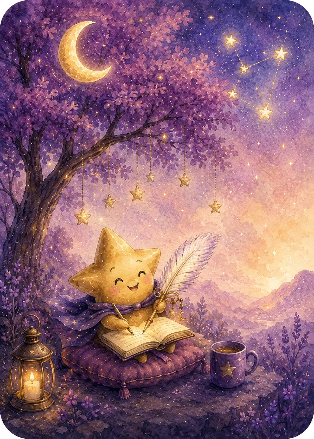 Watercolour night scene of Cosmo the star writing in a journal under a flowering lavender tree, with a crescent moon, hanging stars, a lantern and a warm mug